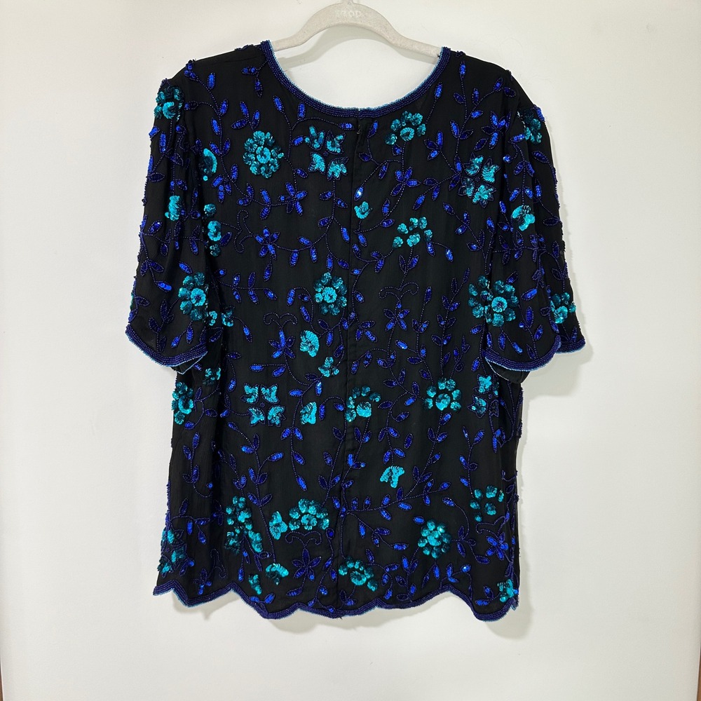 Scala Silk Beaded Top 1X Black Blue‎ Floral Sequin Scalloped Blouse Vintage - Picture 3 of 6